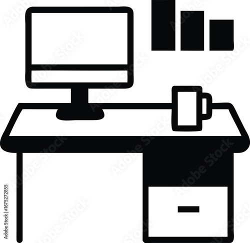 A computer desk setup with a monitor and coffee mug