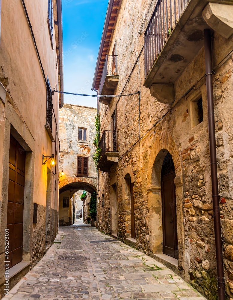 Obraz premium Narrow cobblestone alleyway through ancient Italian town