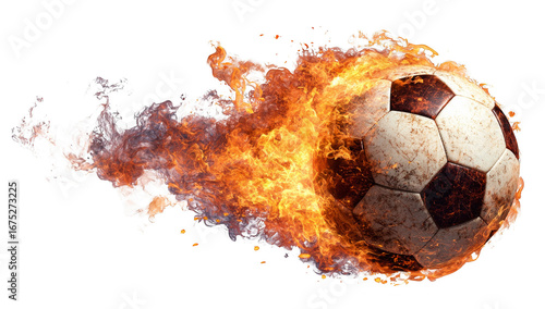 A soccer ball is on fire and is surrounded by flames