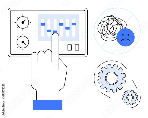 Hand interacts with sliders on a control panel, adjacent to tangled lines, sad face, and gears. Ideal for problem-solving, process management, technical control, troubleshooting, efficiency