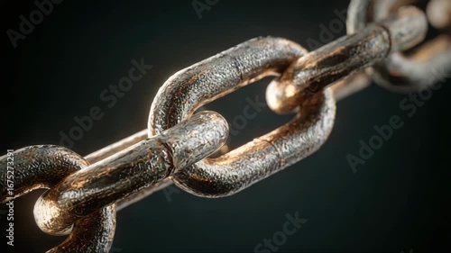 Close-up of metal chain links with dark background, representing the concept of blockchain and multi-step process theme  