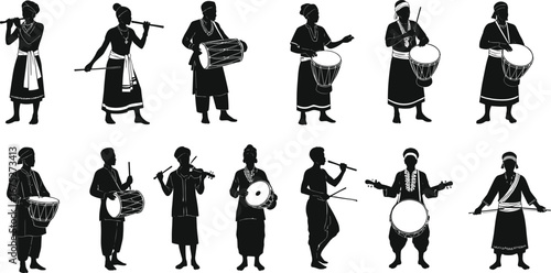 Silhouettes of traditional musicians playing drums, flutes, and string instruments, ethnic music, cultural performers, folk band, musical heritage.