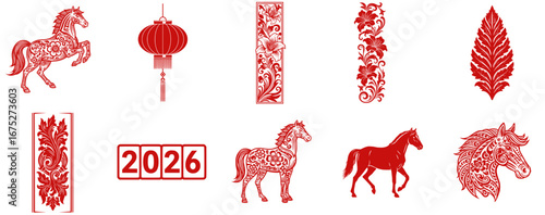 Red Chinese paper-cut vector set featuring horse zodiac symbols, lantern, floral ornaments and 2026 number for Lunar New Year celebration. Cultural art concept
