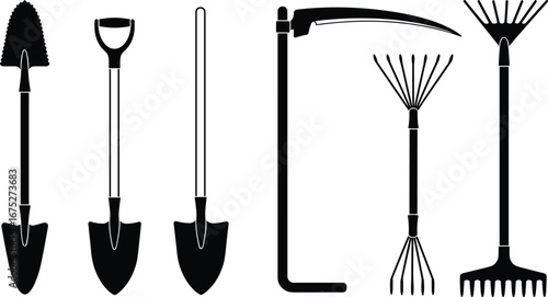 Silhouette of garden tools including shovel, spade, scythe, rake, hand cultivator, landscaping equipment, farming tools, yard maintenance, soil preparation, gardening essentials, outdoor tools.