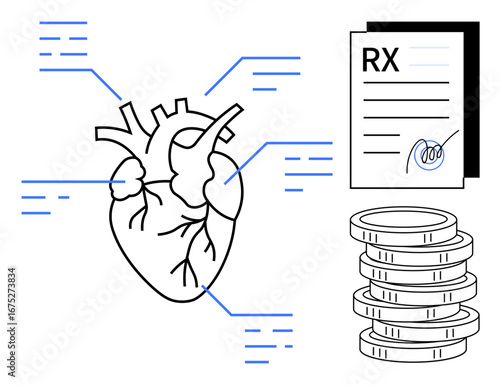 Anatomical heart illustration with labeled sections, medical prescription forms, and stacked coins. Ideal for healthcare, cardiology, diagnosis, costs, insurance, medical research and prevention