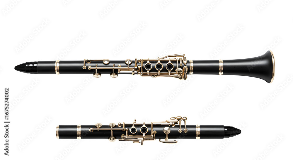 Naklejka premium Black clarinet shines with gold accents, creating a polished look for product photography and musical instrument posters.