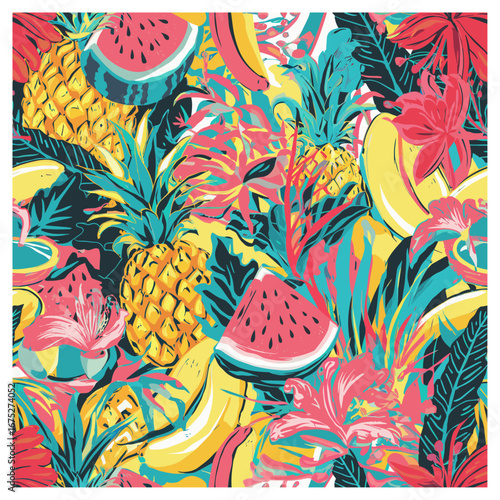 This vibrant and colorful seamless pattern showcases an abundance of tropical fruits like pineapples, bananas, and watermelons, complemented by lush tropical flowers and leaves.  