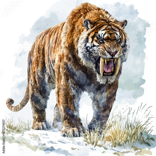 Saber-toothed Tiger, watercolor illustration vector, isolated on a white background.