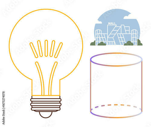 Large light bulb, modern shopping mall silhouette, and transparent cylinder outline. Ideal for innovation, creativity, retail, design, urban planning minimalism technology. Simple flat metaphor