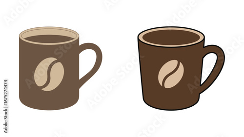 Two tall brown mugs filled with coffee and decorated with a coffee bean graphic