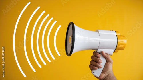 Make your voice heard with this bold megaphone announcement on vibrant yellow background and amplifying sound waves