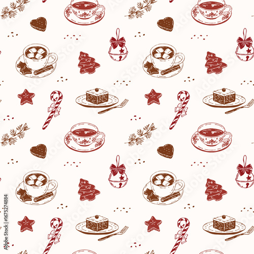 Seamless vector pattern of a cozy tea corner with mugs, marshmallow cups, cookies, cakes, and a decorative bell. Perfect for winter collections, sweet packaging, coffee brands, and tea time designs