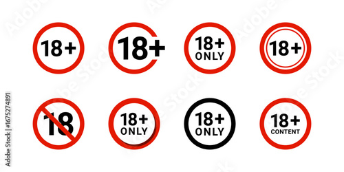 18 Plus Icon Set with Under 18 Warning, Over 18 Censored Symbol, Age Restriction Alert Signs
