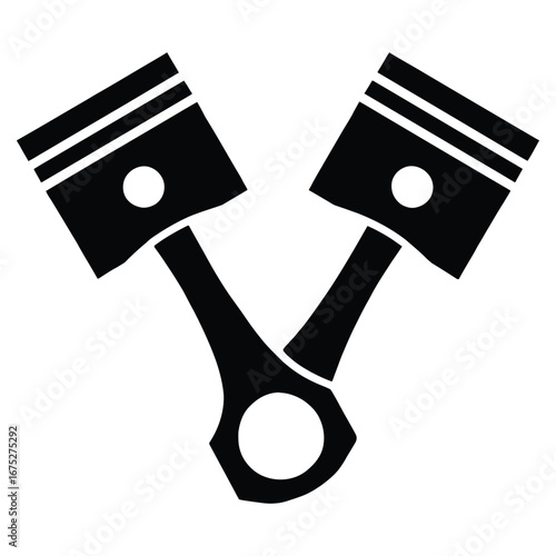 Solid black silhouette of two v configured engine pistons isolated on white background