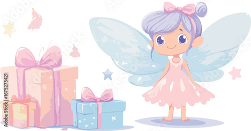 Adorable pastel fairy with iridescent wings and a pink bow standing near wrapped birthday gifts with ribbons