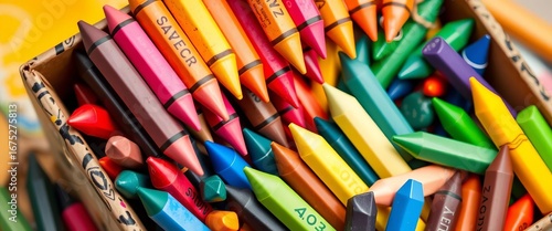 A vibrant box overflowing with assorted oil pastel crayons, colorful crayons, colorful box