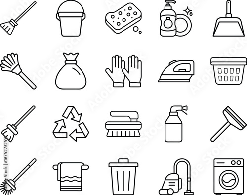 Cleaning and housekeeping line icons with tools detergent laundry and recycling symbols - Set of cleaning and housekeeping line icons including vacuum, mop, gloves, detergent, sponge, recycling,
