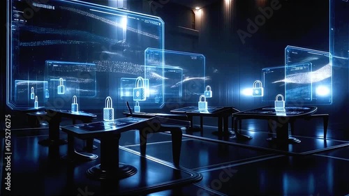 Cybersecurity briefing room with digital interface screens displaying security lock icons and data encryption for secure network connection concept ai generated, 3d animation 4k video clip