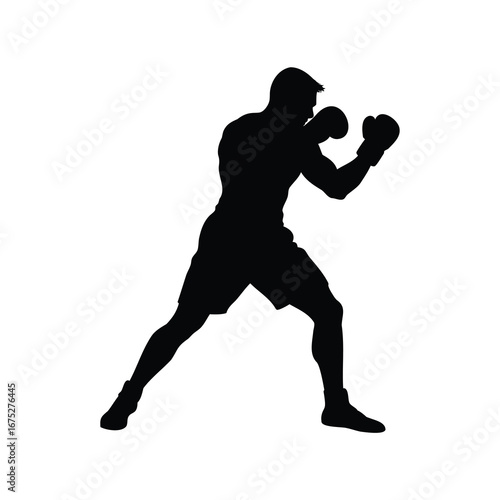 Silhouette of a boxer in fighting stance preparing to strike opponent, veteran boxer shadowboxing silhouette vector illustration