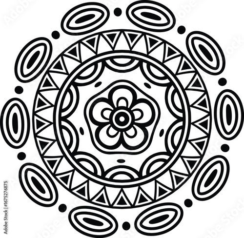 Black and White Geometric Mandala with Flower Center and Triangle Border
