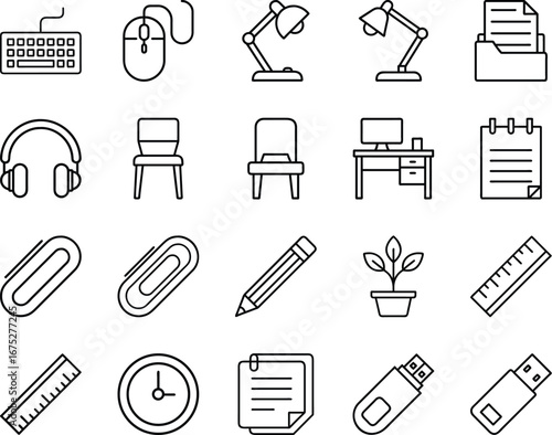 Office icons set with furniture, stationery and technology - Outlined office icons including desk, chair, stationery, computer, and accessories, perfect for workplace, productivity, business
