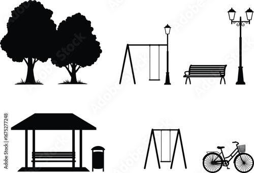 Urban park silhouettes with trees, benches, swings, street lamps, gazebo shelter, bicycle, trash bin, outdoor recreation, public space, city landscape, leisure environment