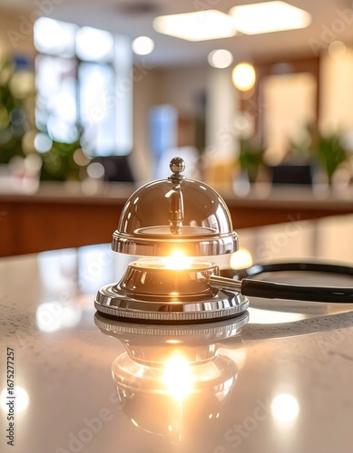 Concierge medicine concept illustrating premium patient care with a service bell and stethoscope on a modern clinic reception desk