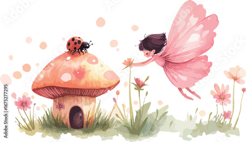 Whimsical watercolor fairy with pink wings gently reaching towards a ladybug on a mushroom house