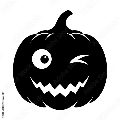 Black and white vector silhouette of a Halloween pumpkin on white background