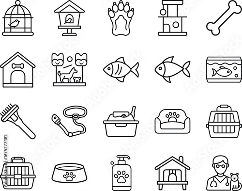 Pet care outline icons set with animals, veterinary, grooming, food, toys, and accessories - Vector collection of pet care outline icons including dogs, cats, fish, vet, grooming tools, food bowls
