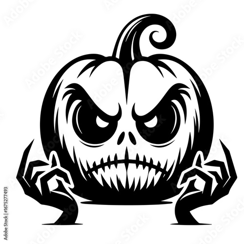 Black and white vector silhouette of a Halloween pumpkin on white background