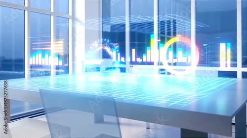 Modern office workspace with futuristic data analytics displaying on table and screen for presentations about technology and innovation trends ai generated, 3d animation 4k video clip