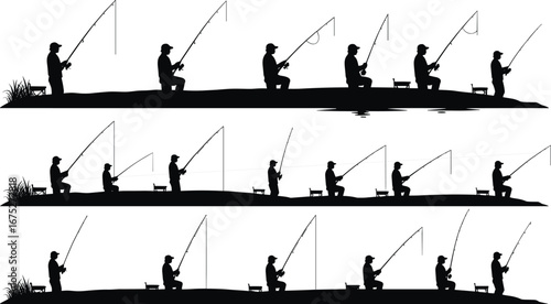 Silhouette person fishing sequence, angler casting waiting reeling, outdoor leisure hobby, lake river fishing scene, peaceful nature sport activity concept illustration