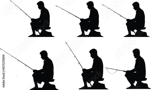 Silhouette person fishing sitting stool, angler casting line, outdoor leisure hobby, lake river fishing scene, peaceful nature sport activity concept