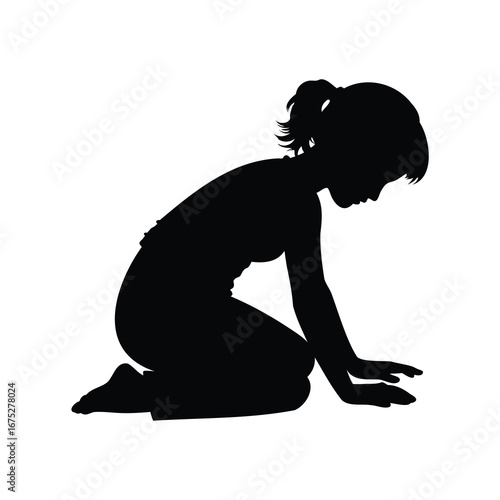 Silhouette of a young woman kneeling with hands forward in apparent sorrow, woman in child pose silhouette vector illustration