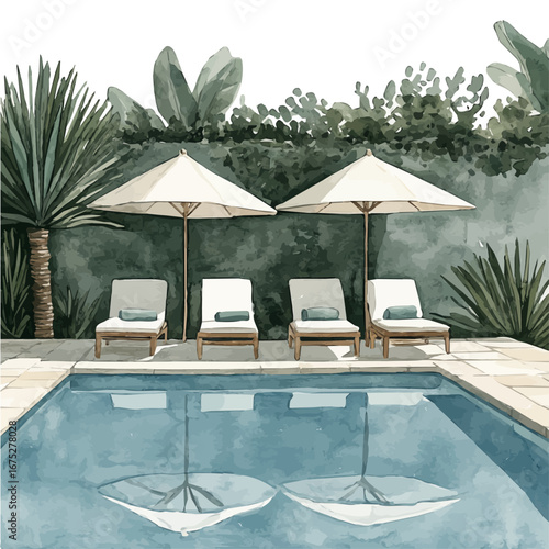 Refreshing Poolside, watercolor illustration vector, isolated on a white background.