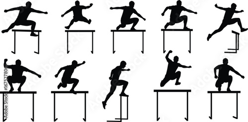 Silhouette, athletes, running, hurdling, jumping, pole, vault, track, field, sport, competition, motion, agility, performance, race, fitness, speed, training, dynamic, movement