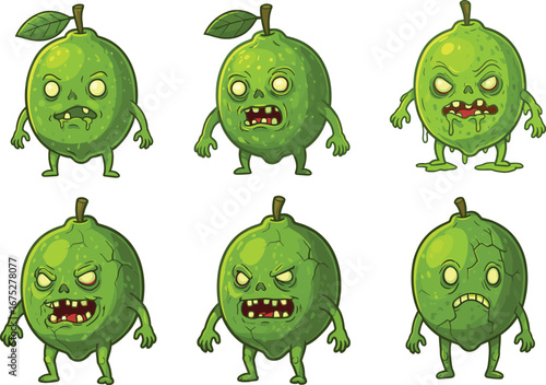 Zombie lime fruit characters with grotesque faces, cartoon horror style, green monster citrus illustration for Halloween, spooky food-themed vector art