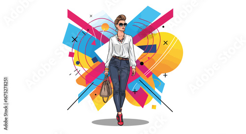 Elegant businesswoman confidently strides forward against vibrant geometric backdrop artwork fashion illustration
