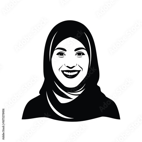 Monochromatic Portrait of a Smiling Woman in Hijab, Black and White, woman in hijab smiling silhouette vector illustration