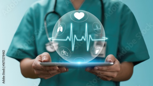 Doctor using digital tablet displaying patient's heartbeat and vital signs for modern healthcare solutions