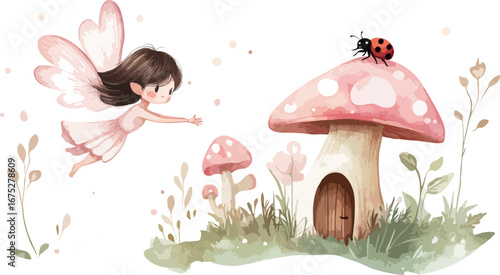 Whimsical watercolor illustration of a tiny fairy flying towards a charming mushroom house with a ladybug on top