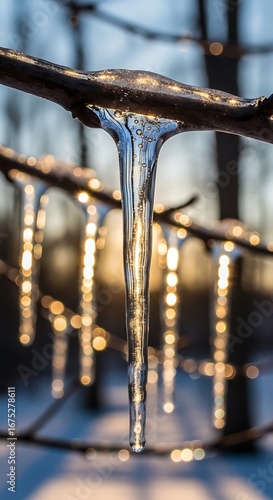 Translucent icicles hanging from a branch in a winter forest scene