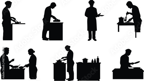 Silhouette, people, cooking, kitchen, chef, culinary, food, preparation, teamwork, recipe, meal, dining, restaurant, home, cuisine, cook, gastronomy, training, class, 