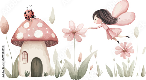 Whimsical watercolor illustration of a fairy with pink wings holding a flower near a mushroom house with a ladybug