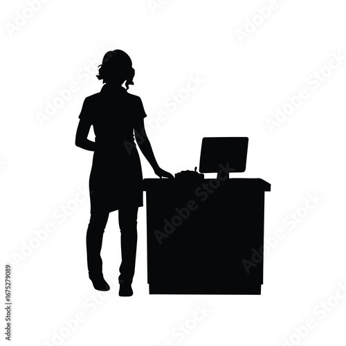 Silhouette of a saleswoman standing at a sales desk with a computer, woman paying at counter is silhouette vector illustration