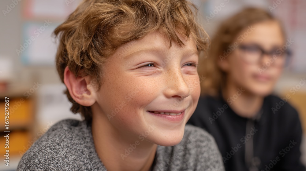 Fototapeta premium Smiling child with curly hair and freckles sitting in a classroom, joyful and relaxed expression, wearing a gray sweater, blurred background with another student, warm and friendly atmosphere.