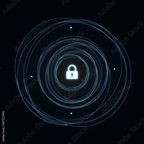 Stylized Lock Icon Surrounded by Quantum Particle Storms – Isolated on Dark Gradient Background