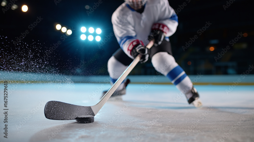 Fototapeta premium Ice hockey player in motion on rink with puck and stick under stadium lights. 