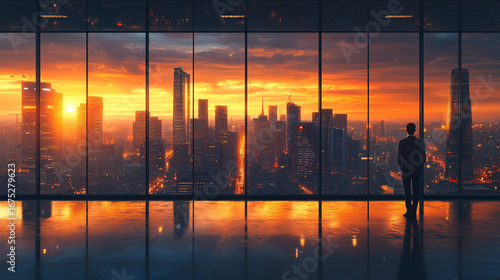 A person stands within a modern office building, gazing at the expansive city skyline under a breathtaking golden hour sunset.
